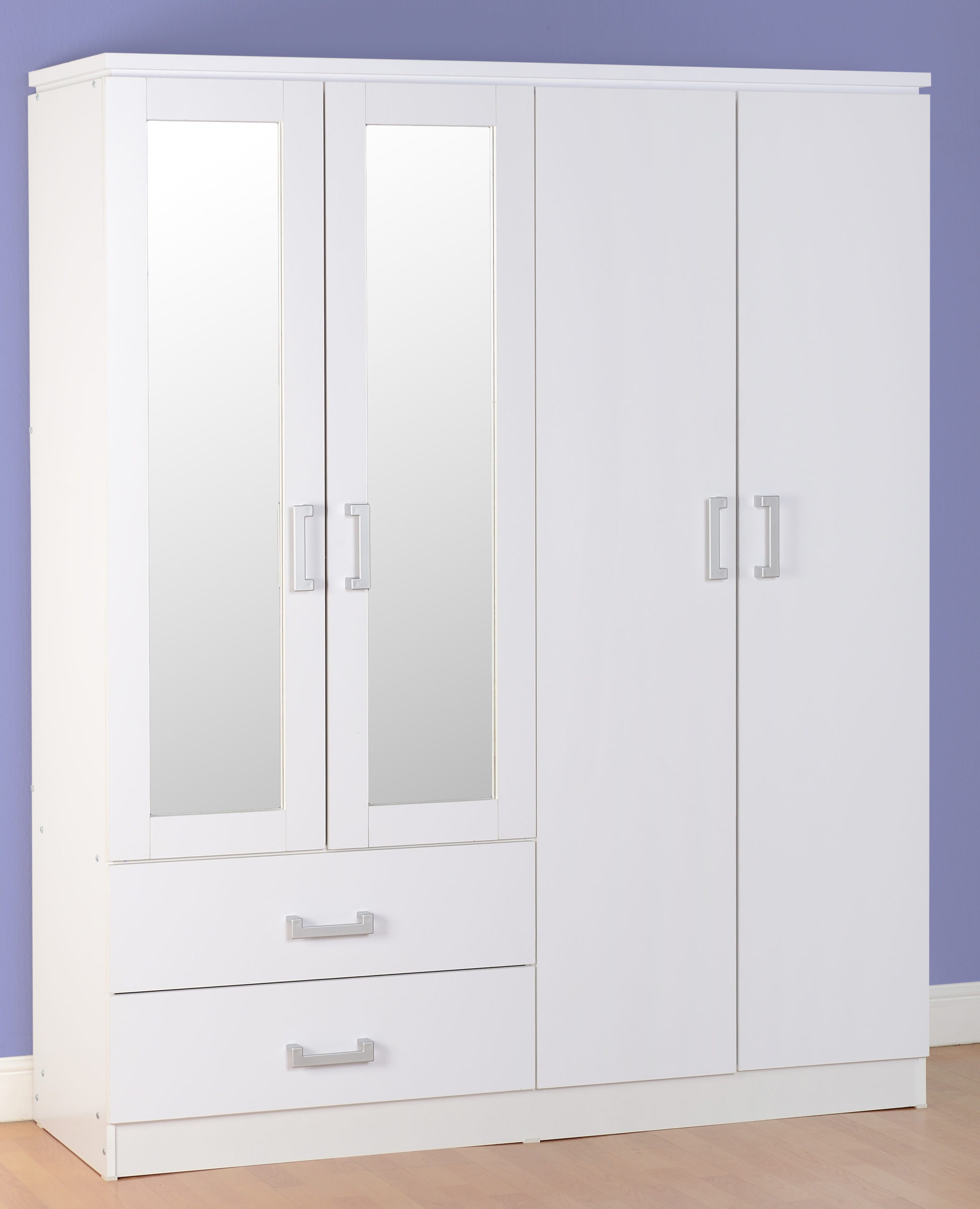 Charles 4 Door 2 Drawer Mirrored Wardrobe in White - Click Image to Close